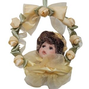 Marie Osmond Porcelain Doll Head Wreath Wall Hanging Yellow Satin Ribbon Roses